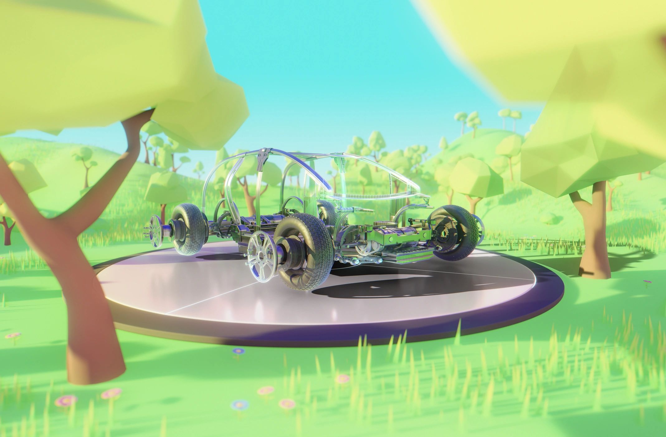 Electric car design displayed in a futuristic digital environment